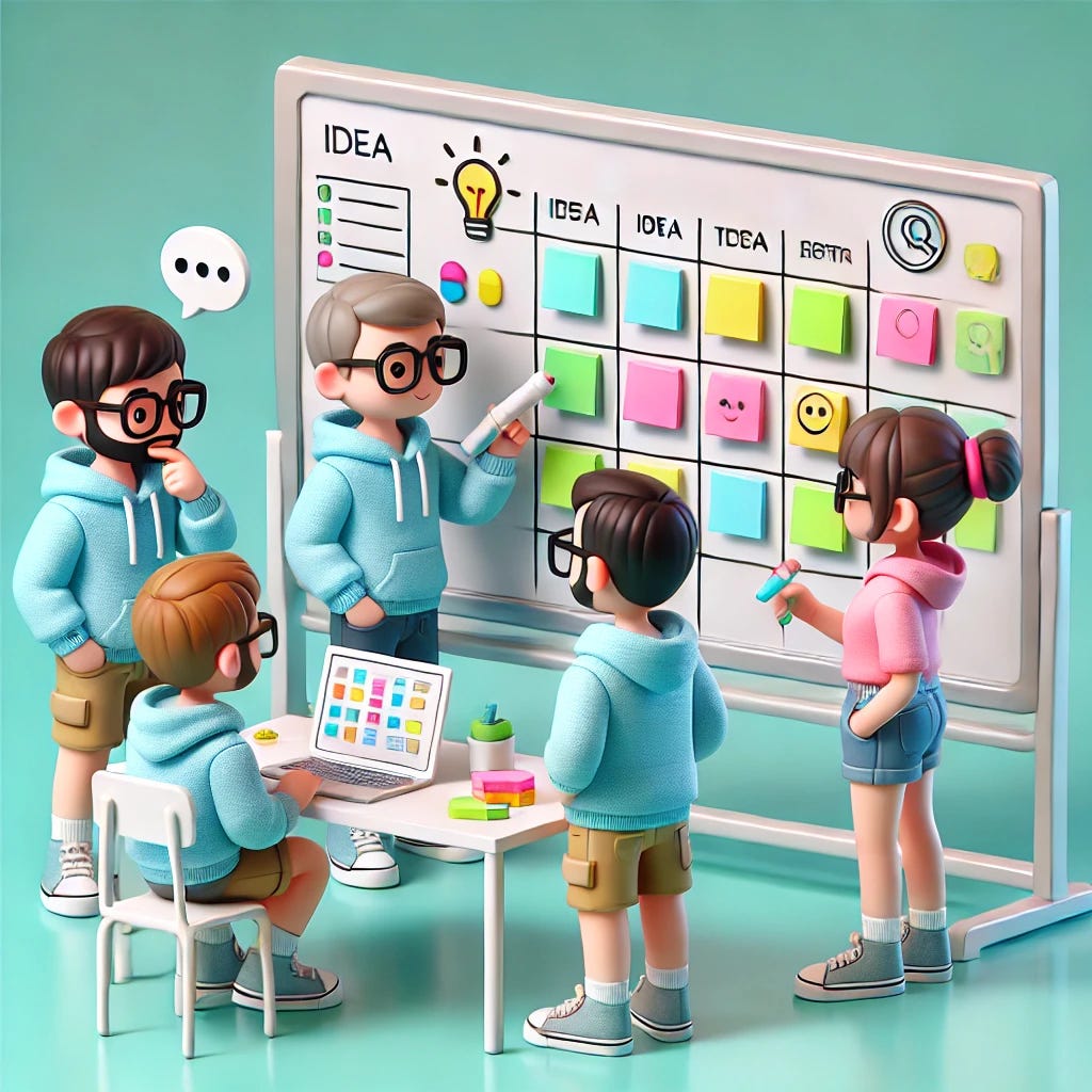 A diverse group of tech workers in a brainstorming session with a whiteboard and colorful sticky notes, in a modern, cartoonish 3D style.