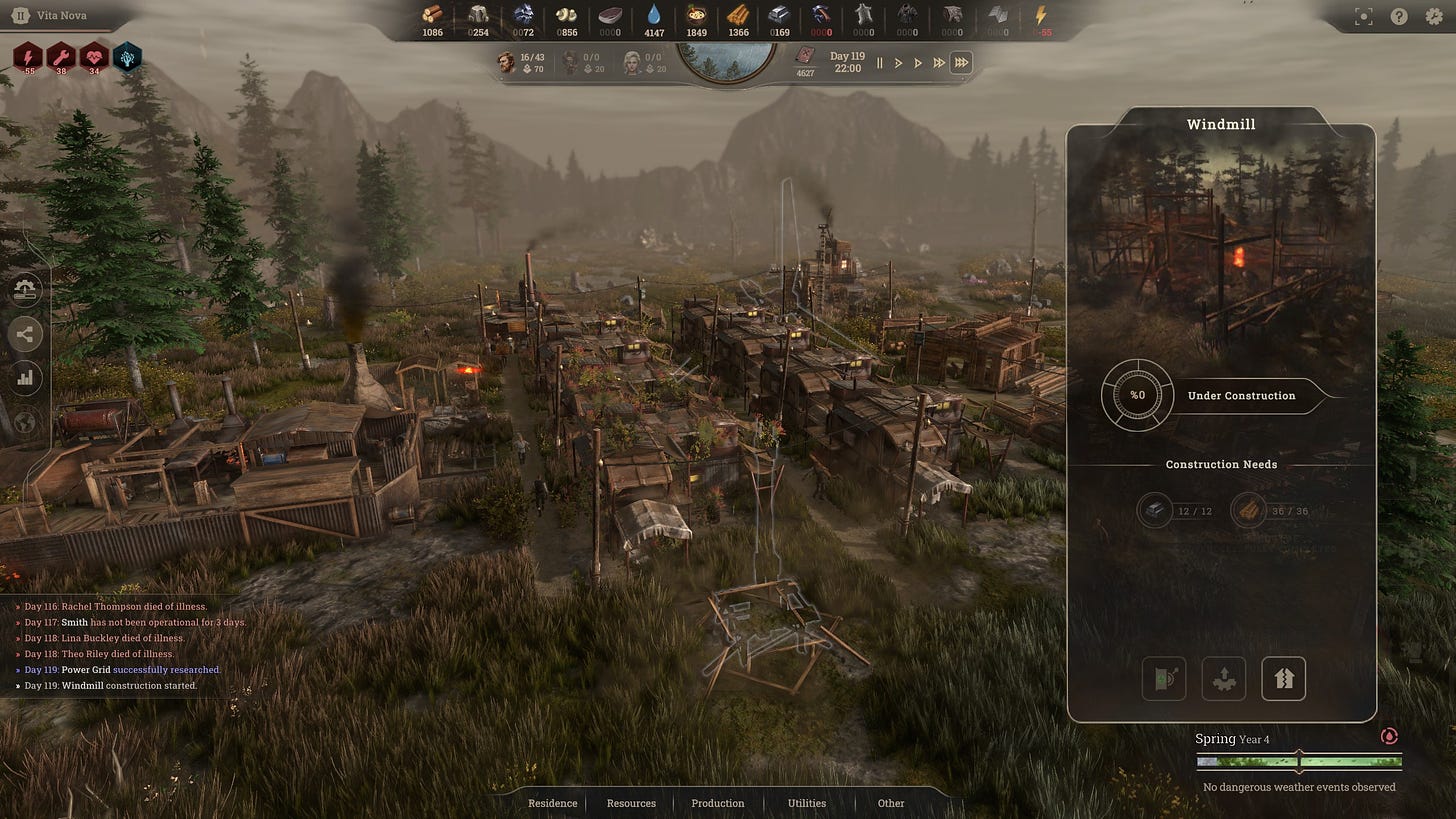 A screenshot of the game New Cycle in Early Access, showing a Windmill being placed against the rows of shacks and other buildings. In the background there are mountains and forests.