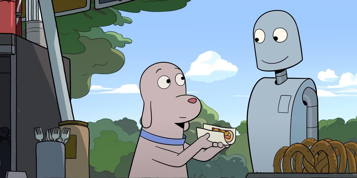 A screenshot from the film Robot Dreams showing Dog handing a hot dog to Robot