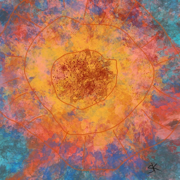 Abstract image of the golden orange sun exploding in blue space.