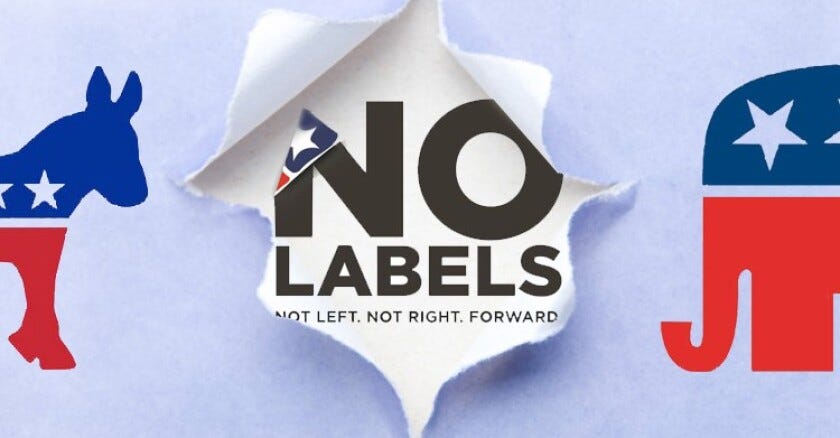 a graphic that has the political party logos on the sides and in the middle it says "No Labels. Not Left. Not Right. Forward"