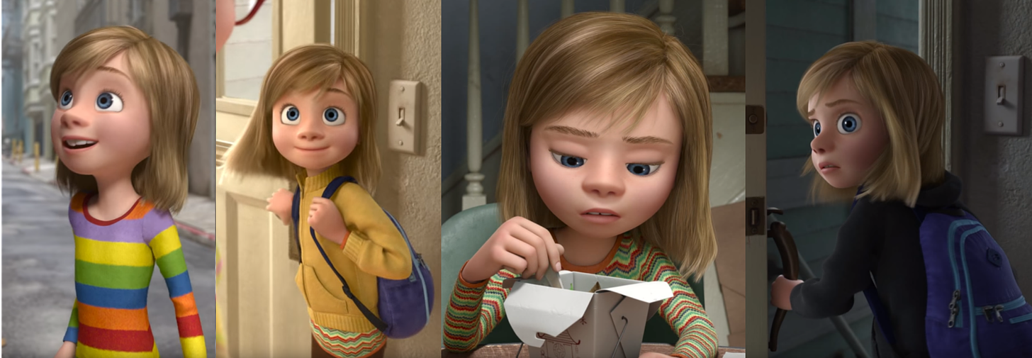 In "Inside Out", the color of Riley's clothes reflect her emotional state,  from balanced to forced optimism to muted anxiety to repression :  r/MovieDetails
