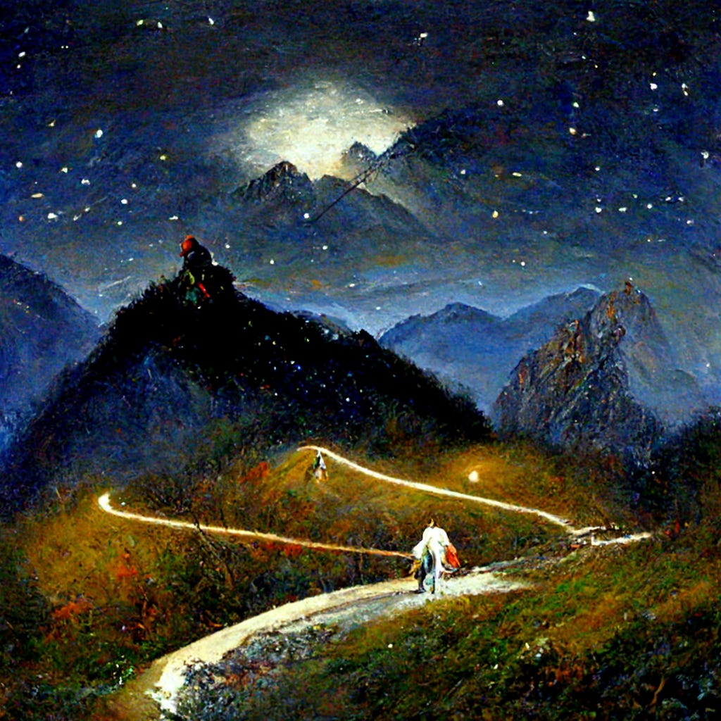 Romantic painting of a traveler following a trail over a mountain in the starlit night