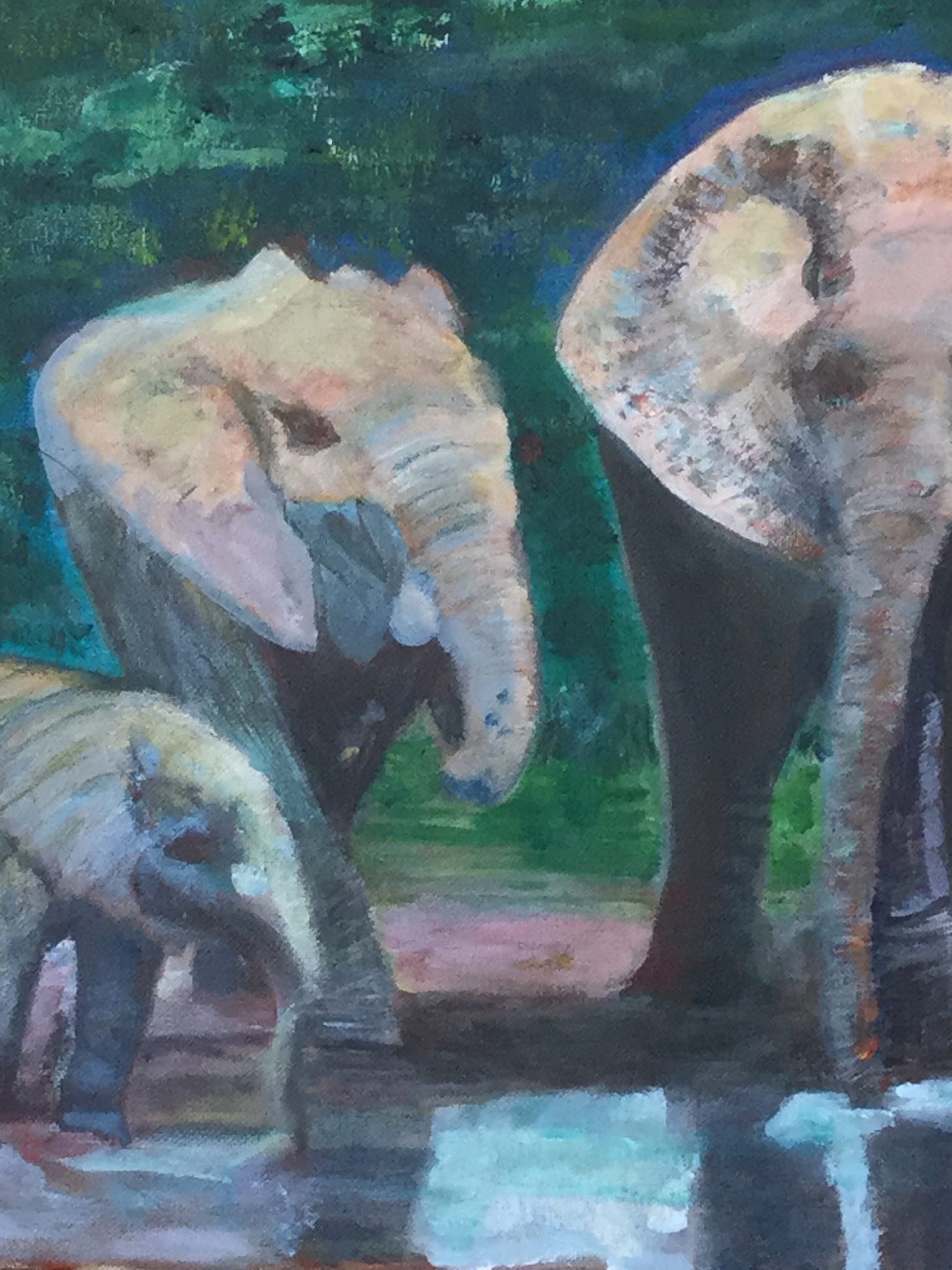 Acrylic painting by Sherry Killam Arts showing detail of texture, shadows, and positioning of elephant family.