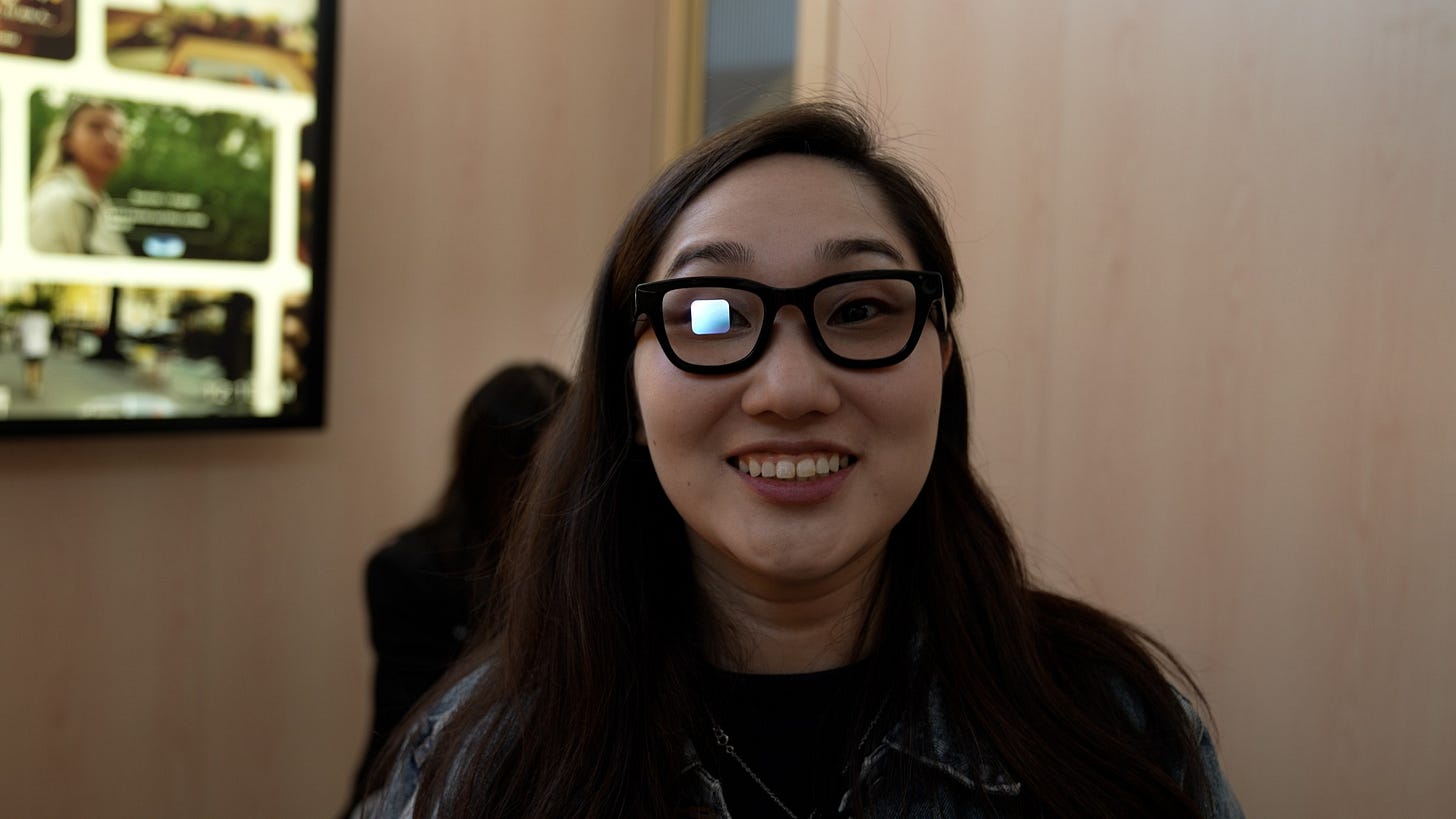 Senior reviewer Victoria Song wearing a pair of Google’s prototype Android XR glasses. Because of the angle, you can see the hidden display. 