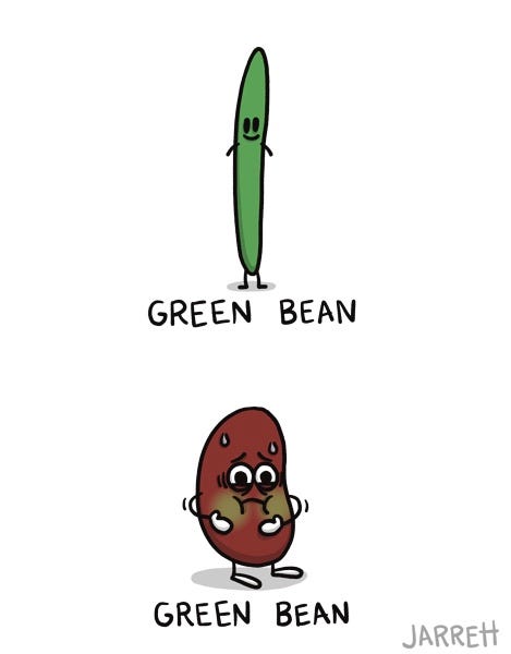 A long green bean smiles. It's labelled "GREEN BEAN." A brown kidney-shaped bean is sweating and looking uncomfortable with greenish cheeks. It is labelled "GREEN BEAN."