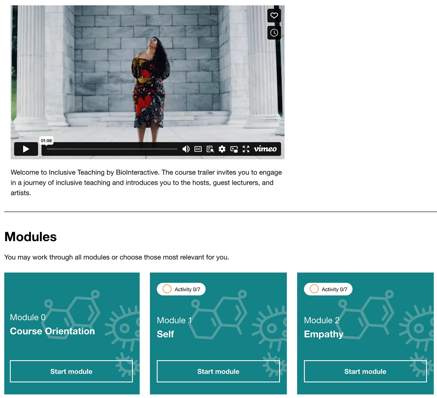 Screenshot of an online course. On top is a video featuring a Black woman in a vibrant dress before some stone pillars. Below are the interactive course modules (Course Orientation, Self, Empathy)