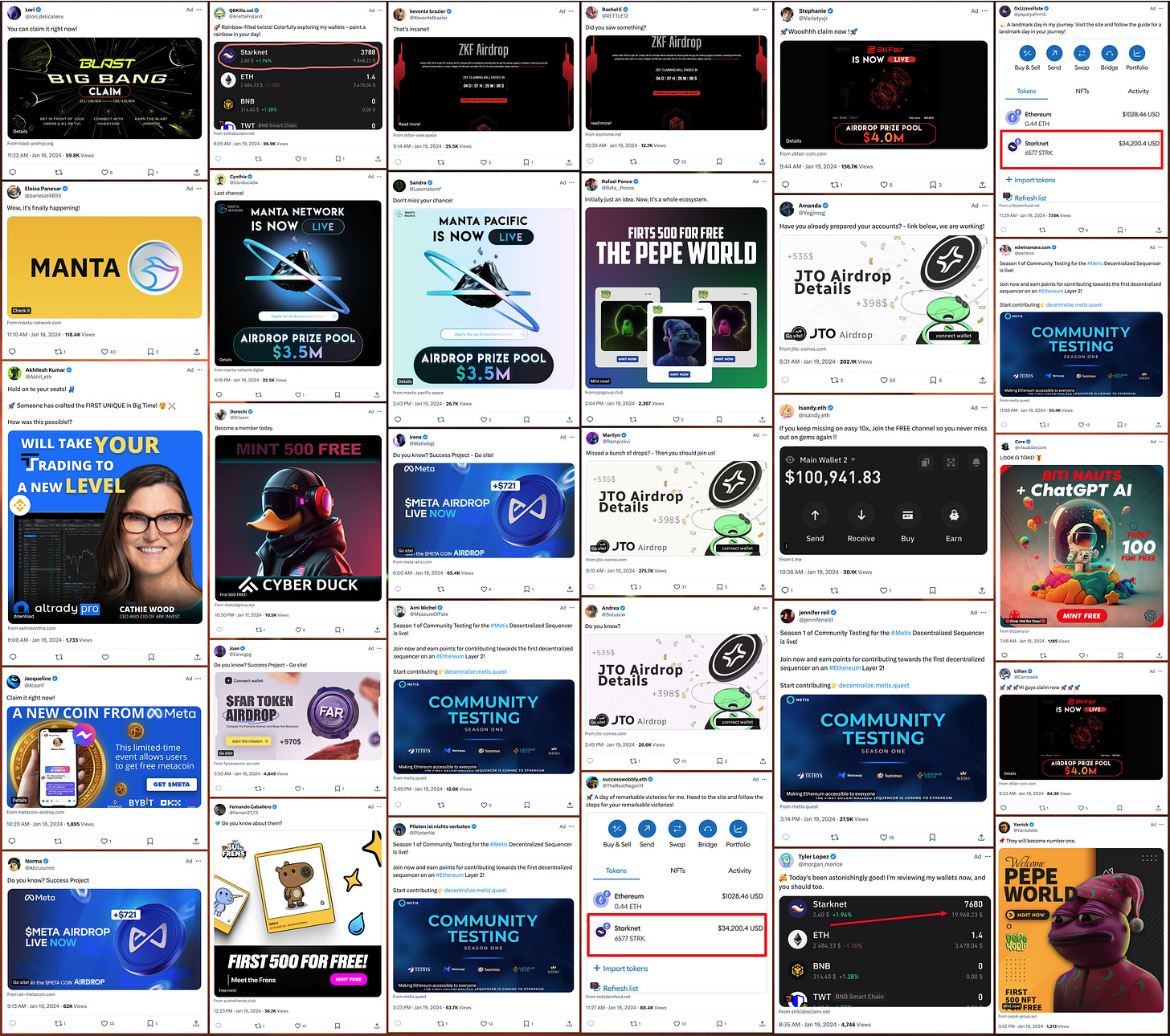 collage of screenshots of cryptocurrency spam ads on X