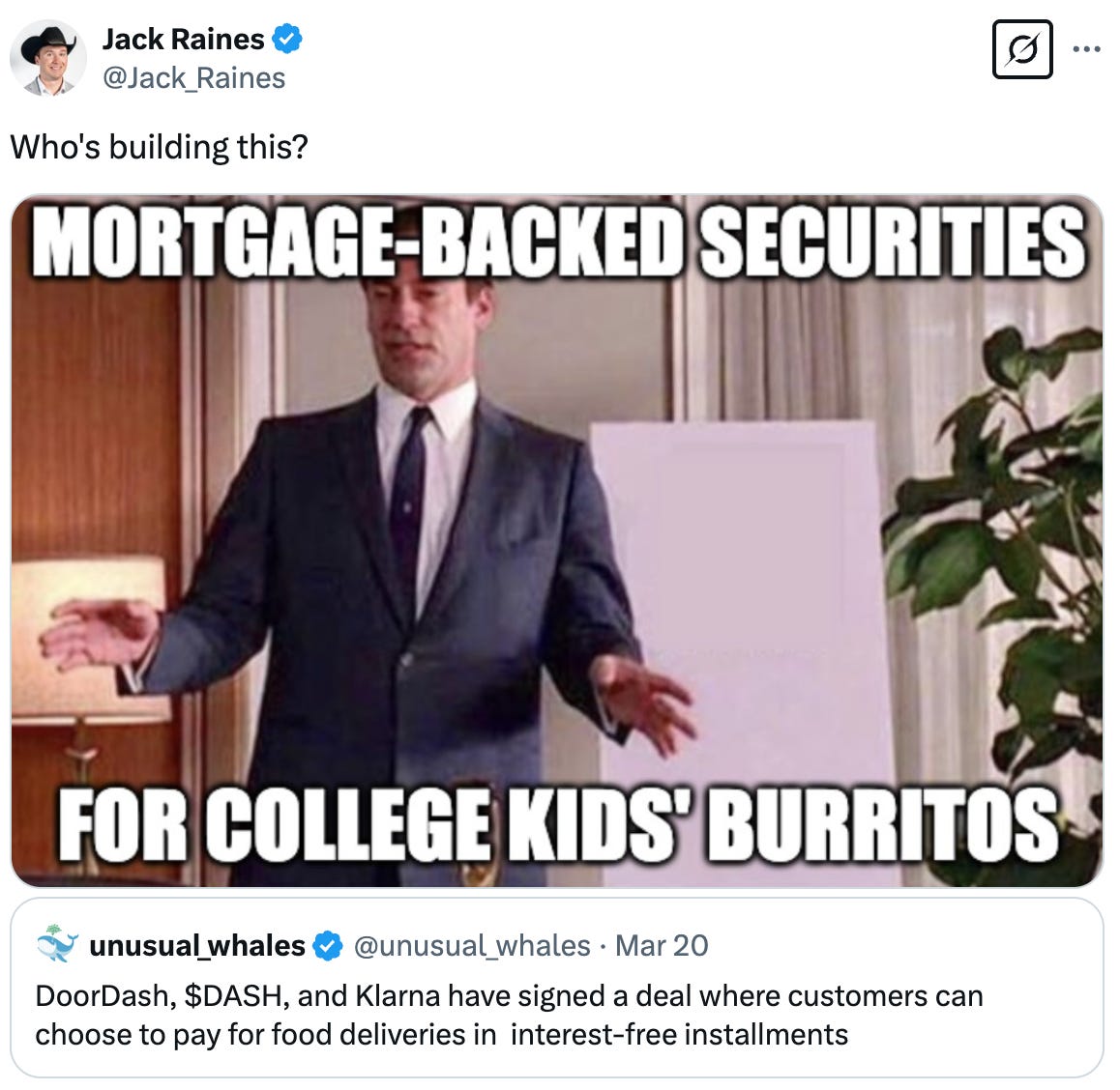   See new posts Conversation Jack Raines @Jack_Raines Who's building this? Quote unusual_whales @unusual_whales · Mar 20 DoorDash, $DASH, and Klarna have signed a deal where customers can choose to pay for food deliveries in  interest-free installments