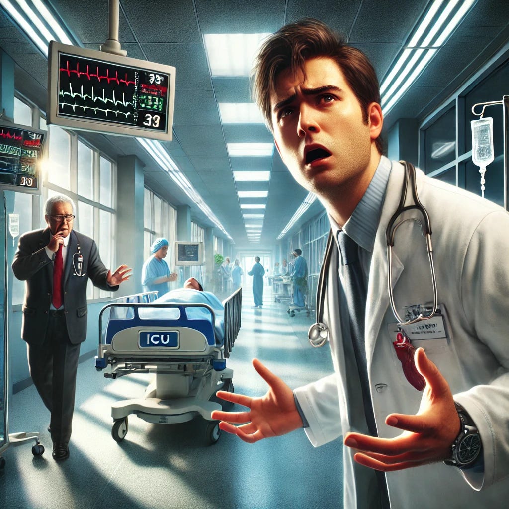 A realistic digital illustration of a cardiologist being expelled from an intensive care unit (ICU). The scene depicts a hospital corridor with bright medical lighting, and a tense atmosphere. The cardiologist, wearing a white coat and stethoscope, appears shocked and frustrated as a stern hospital administrator or security personnel gestures towards the exit. In the background, ICU staff and monitors displaying patient vitals add to the intensity of the moment. The overall tone is serious and dramatic.