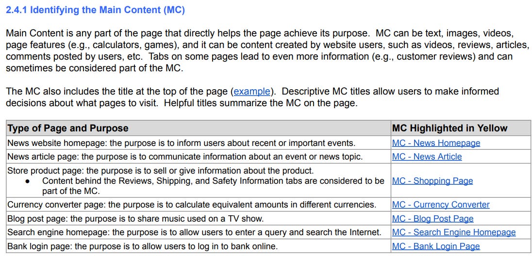 identifying the main content of the page from the Quality Rater Guidelines