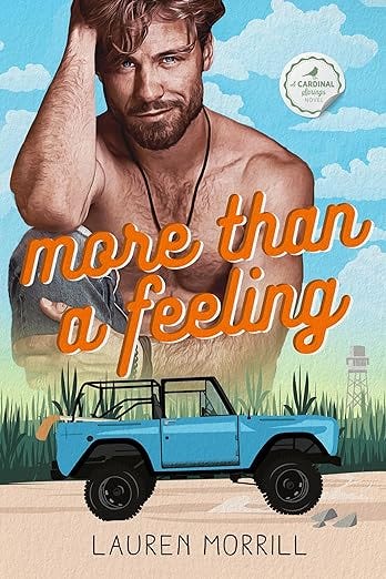 The cover of More than a feeling shows a smirking, shirtless, hot blonde man looming over an illustrated vintage blue jeep.