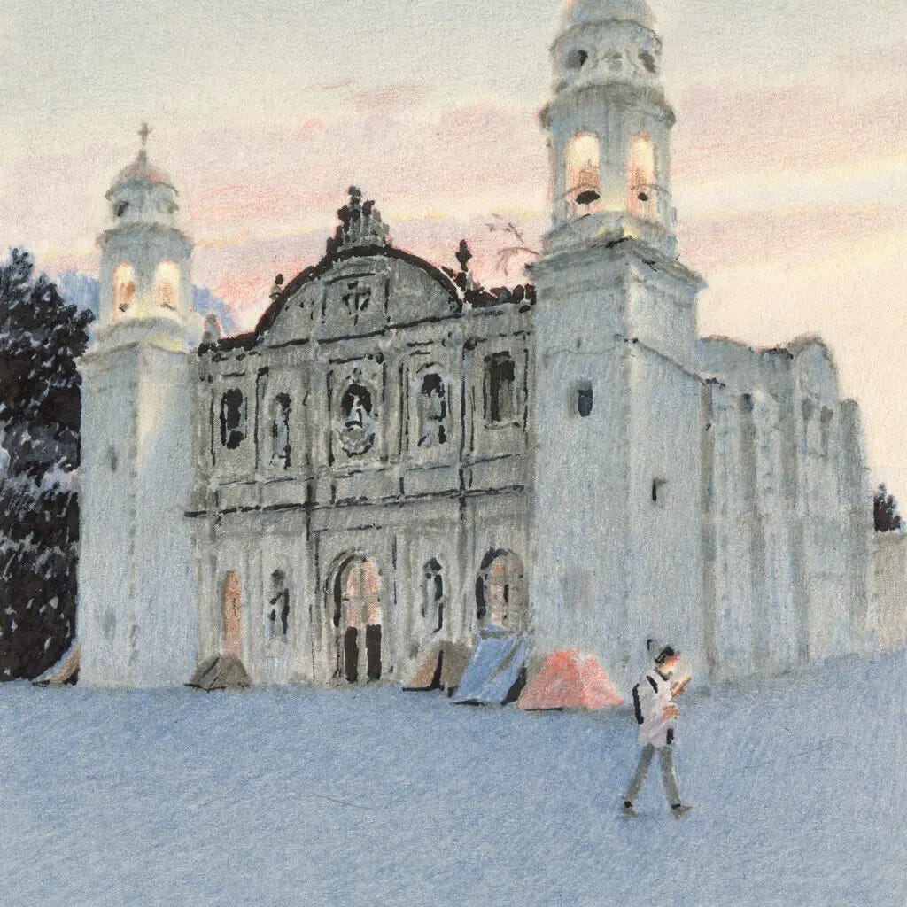 An illustration of a church with a few tents outside it. A figure, wearing a backpack and looking at a phone, is walking past.