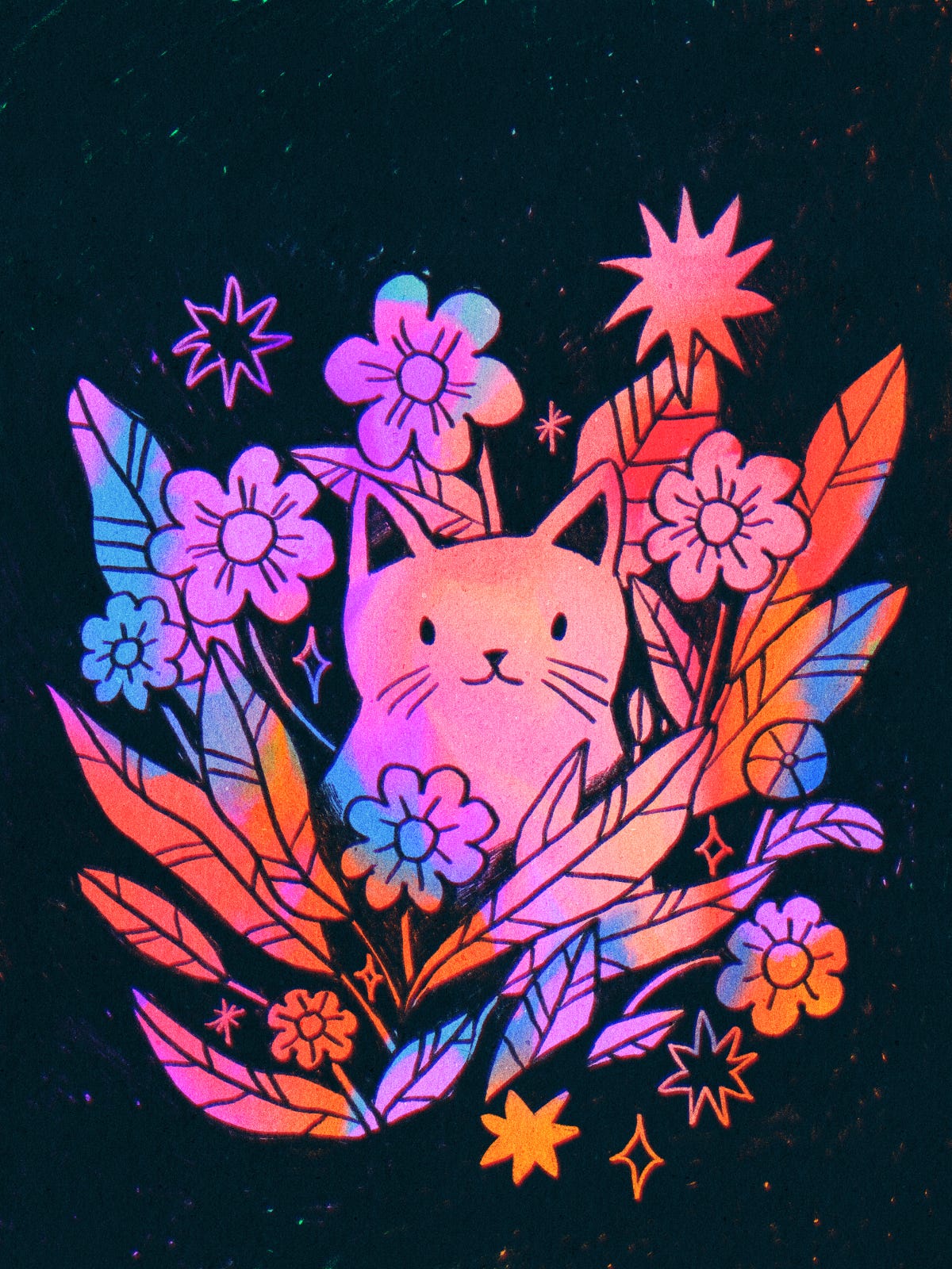 A digital drawing of a cat among some flowers against a dark background.