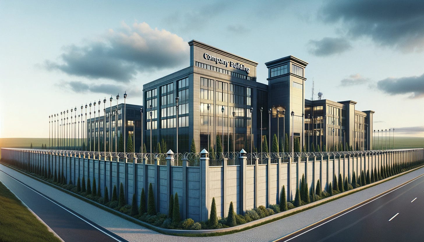 Create an image in a 16:9 format featuring a company building surrounded by high fences. The setting should evoke a sense of security and exclusivity, with the company building designed in a modern architectural style. The fences are tall and robust, indicating a high level of protection. This scene could be set during the day, with clear skies and a well-maintained landscape around the building and fence area. The overall atmosphere should convey the company's emphasis on privacy and security, while also showcasing the building's sleek and contemporary design.