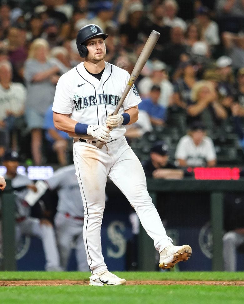 Outfielder Jarred Kelenic strikes out late in Wednesday&#8217;s Mariners loss to the Minnesota Twins. (Dean Rutz / The Seattle Times)