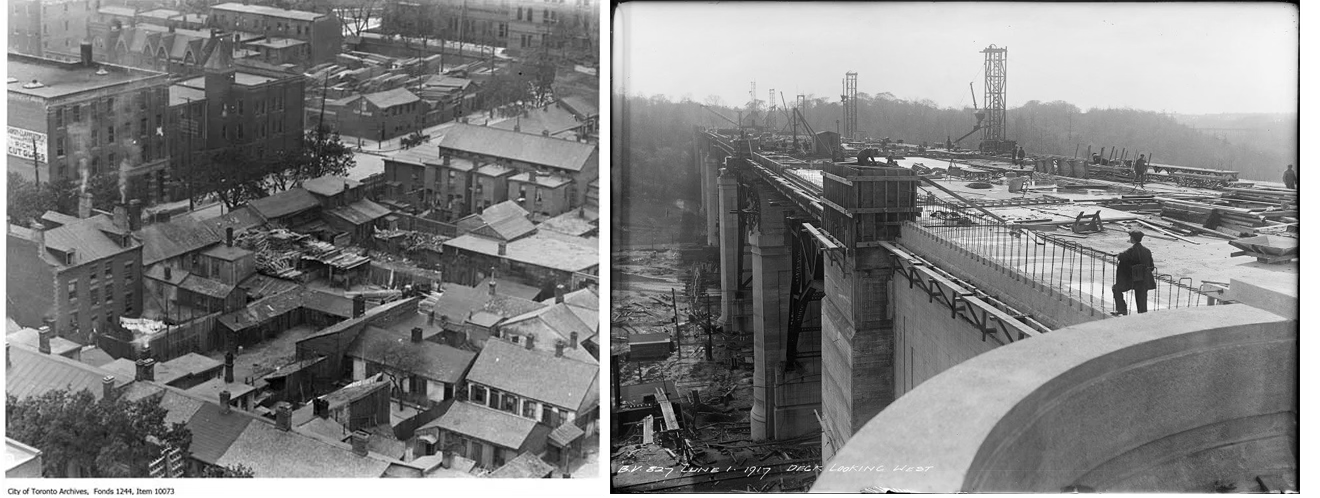 City of Toronto archival photos of the infamous "Ward" neighbourhood (L) and the Bloor St. Viaduct under construction - both ca. 1915