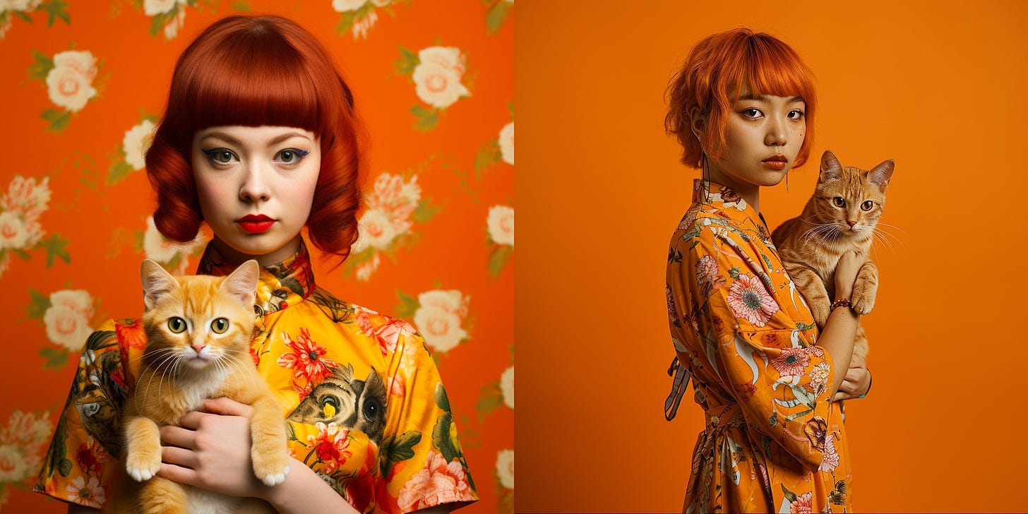 Side-by-side comparison: two pictures of a Japanese girl with orange pixie haircut, dressed in orange floral dress, holding a ginger tabby cat, standing in an orange studio