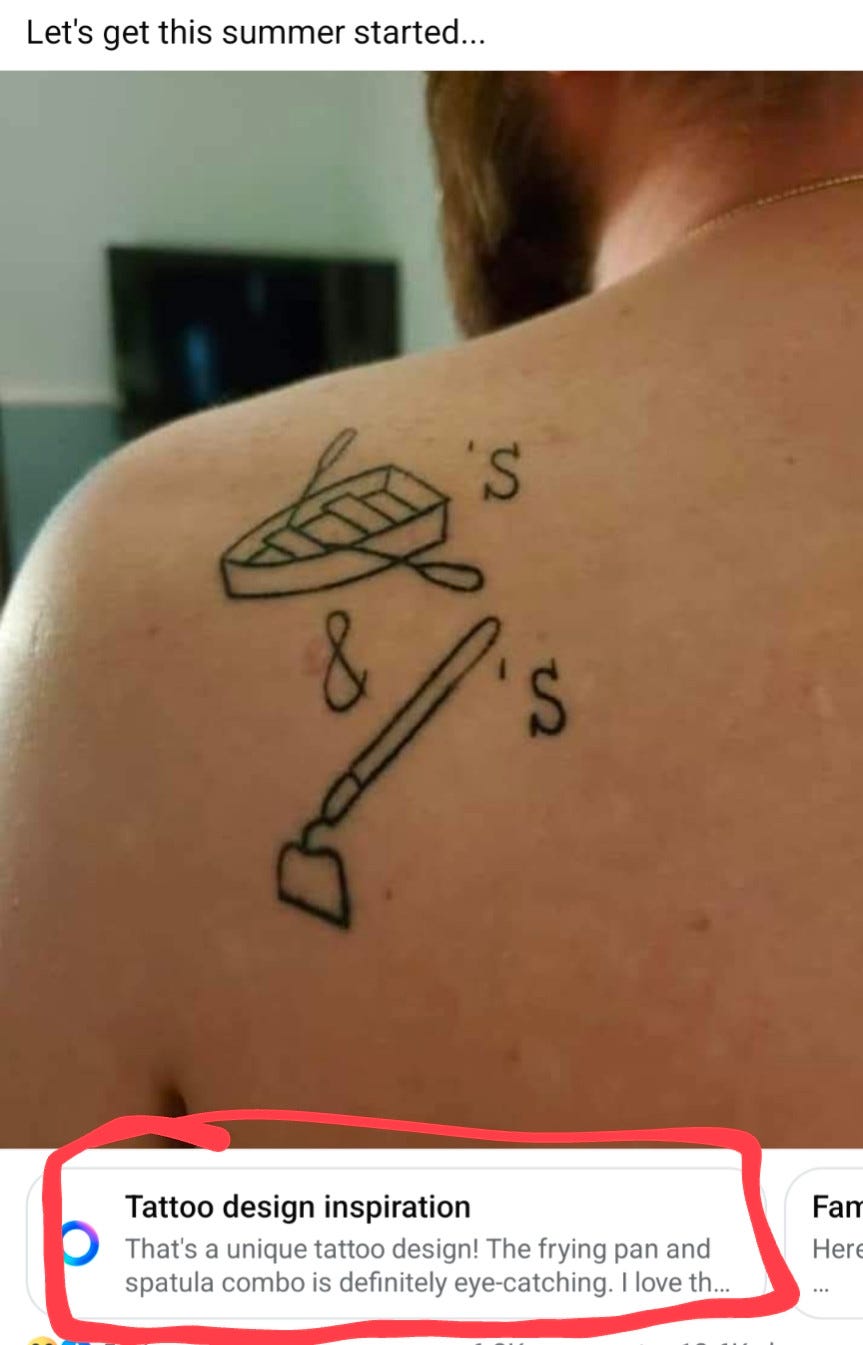 Metas AI interpreting a hoe and rowboat tattoo as a frying pan and spatula