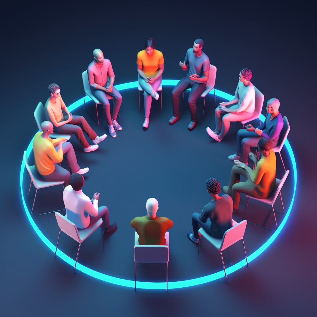 An open forum with people of various backgrounds seated in a circle, exchanging ideas and debating the challenges and implications of AI-driven censorship. 3d vector art realism