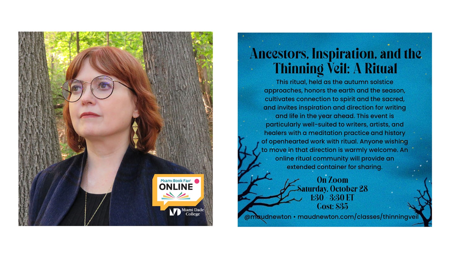 Image shows an image of Maud Newton above a Miami Book Fair online logo and an image describing her class, Ancestors, Inspiration, and the Thinning Veil: A Ritual