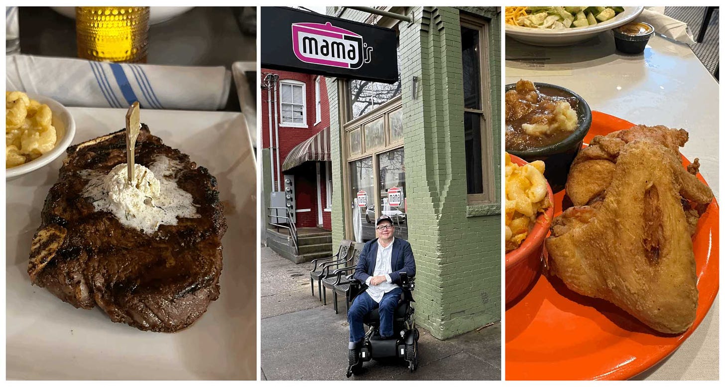 Collage of food dishes plus a photo of John seated in his wheelchair in front of a restaurant.