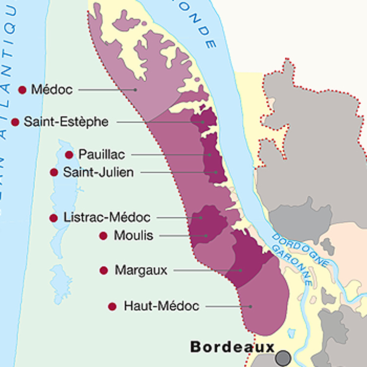 Map of the Bordeaux region featuring the Médoc, with Saint-Estèphe shown near the northern end.