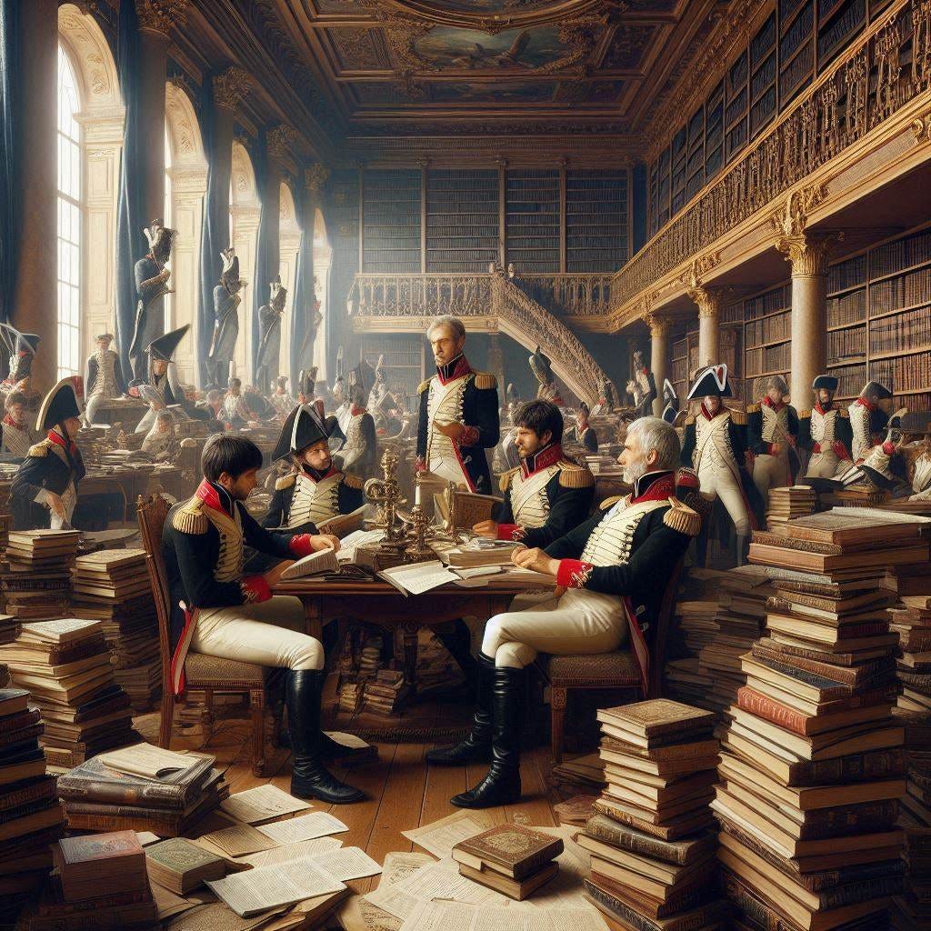 Napoleonic War era soldiers convene around a table cluttered with stacks of books and papers in an elegant multi-level library. Soldiers lounge about reading in the background.