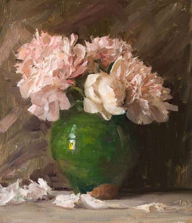 painting of a green ceramic vase filled with large soft pink flowers against a dark background