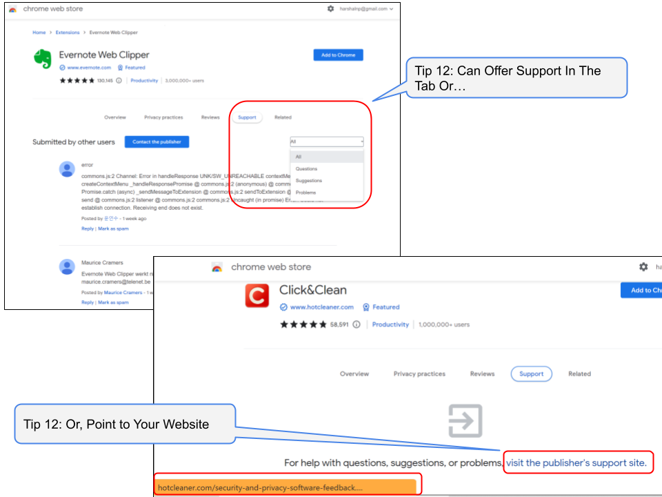 Evernote vs Click&Clean. One offers support on google’s chrome extension page whereas other redirects to their own website for questions and support.