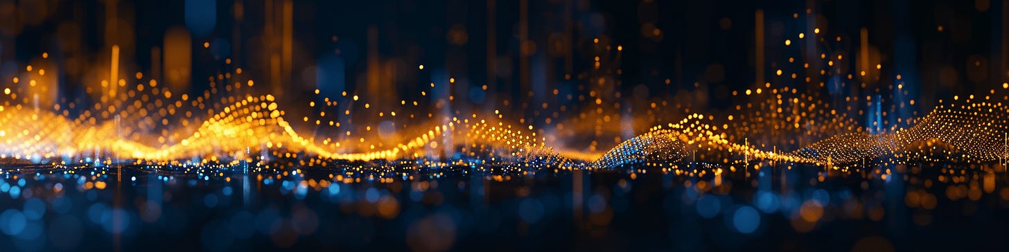 AI voice dubbing, soundwaves, voice, sound, glitches, dark gold and dark blue, bokeh