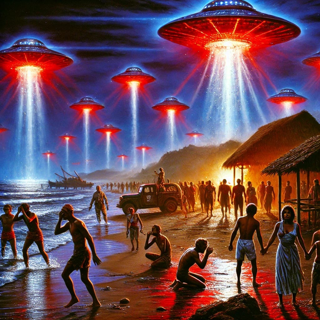 A terrifying depiction of the 1977 Colares UFO Attack in Brazil. Villagers stand on a beach at night, looking up in horror as glowing red and blue orbs hover above them, emitting intense beams of light. Some villagers collapse, clutching their heads or shielding their faces as the beams strike them, leaving burn marks. Others run toward small wooden huts, desperate for cover. The ocean reflects the eerie glow of the UFOs, creating a surreal, haunting atmosphere. In the background, Brazilian military personnel observe from a distance, their equipment aimed at the sky, as they document the phenomenon. The scene is drenched in fear, confusion, and an overwhelming sense of helplessness.