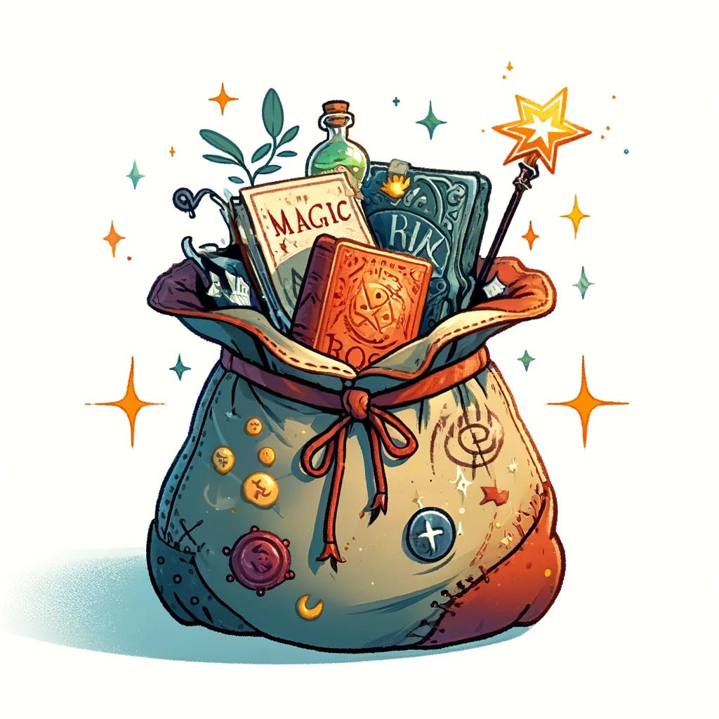 Illustration of a 'bag of tricks', depicting a whimsical and colorful bag that is slightly open, with various magical items peeking out. The bag should appear old and patched, symbolizing mystery and magic. The items visible might include a wand, a sparkling potion, a book with mysterious runes, and a few shimmering lights suggesting more hidden wonders. The background should be minimal to focus attention on the bag and its contents, rendered in a playful and enchanting style, suitable for a storybook or fantasy theme.