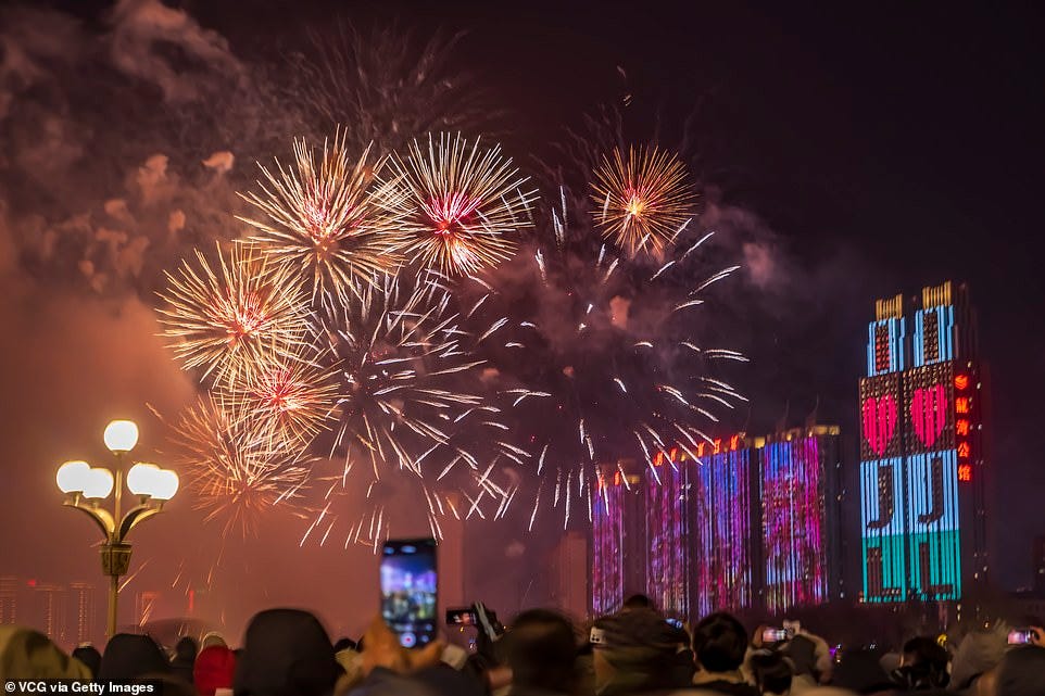JILIN: Fireworks light up the sky over the Songhua River during a firework show to welcome New Year 2025 on New Year's Eve on December 31, 2024 in Jilin City, Jilin Province of China