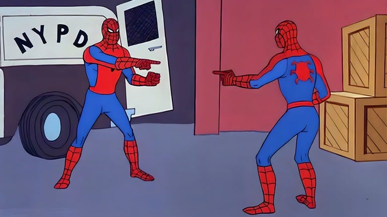 A still from the Spider-Man cartoon featuring two Spider-Men pointing at each other.