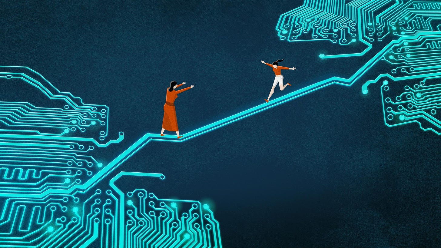 Two glowing circuit boards are connected by one pathway across a yawning gulf. A woman in a red dress stands at one of end of this bridge with her arms out, while a woman with a ponytail runs toward her from the other end.