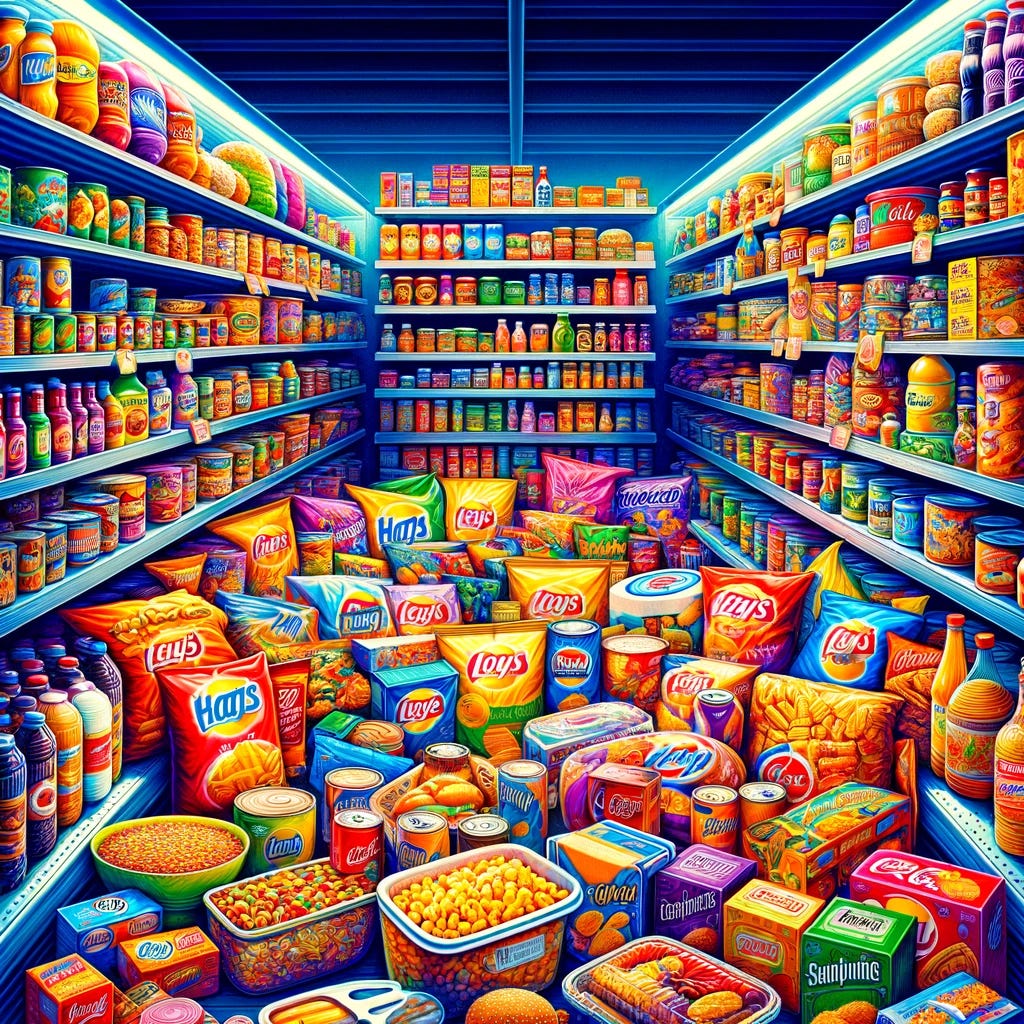 A vivid illustration depicting an array of processed foods commonly found in supermarkets. The image features a colorful assortment of packaged snacks, canned goods, ready-to-eat meals, and sugary beverages, all neatly arranged on supermarket shelves. The foods are brightly colored and have prominent labels, showcasing brands and ingredients like high fructose corn syrup, artificial flavors, and preservatives. The scene captures the allure of convenience food, highlighting its appeal to consumers while subtly hinting at the underlying health concerns associated with a diet high in processed foods.