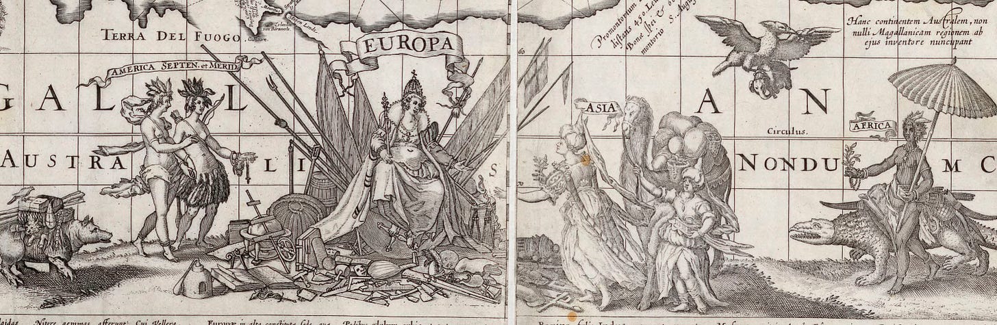 A detail from a map, showing personifications of the continents (two on each side) bringing gifts to Europe. On the left-hand and right-hand edges are an armadillo (an emblem of the Americas) and a crocodile (on which Africa sits). Europe sits atop a pile of loot.