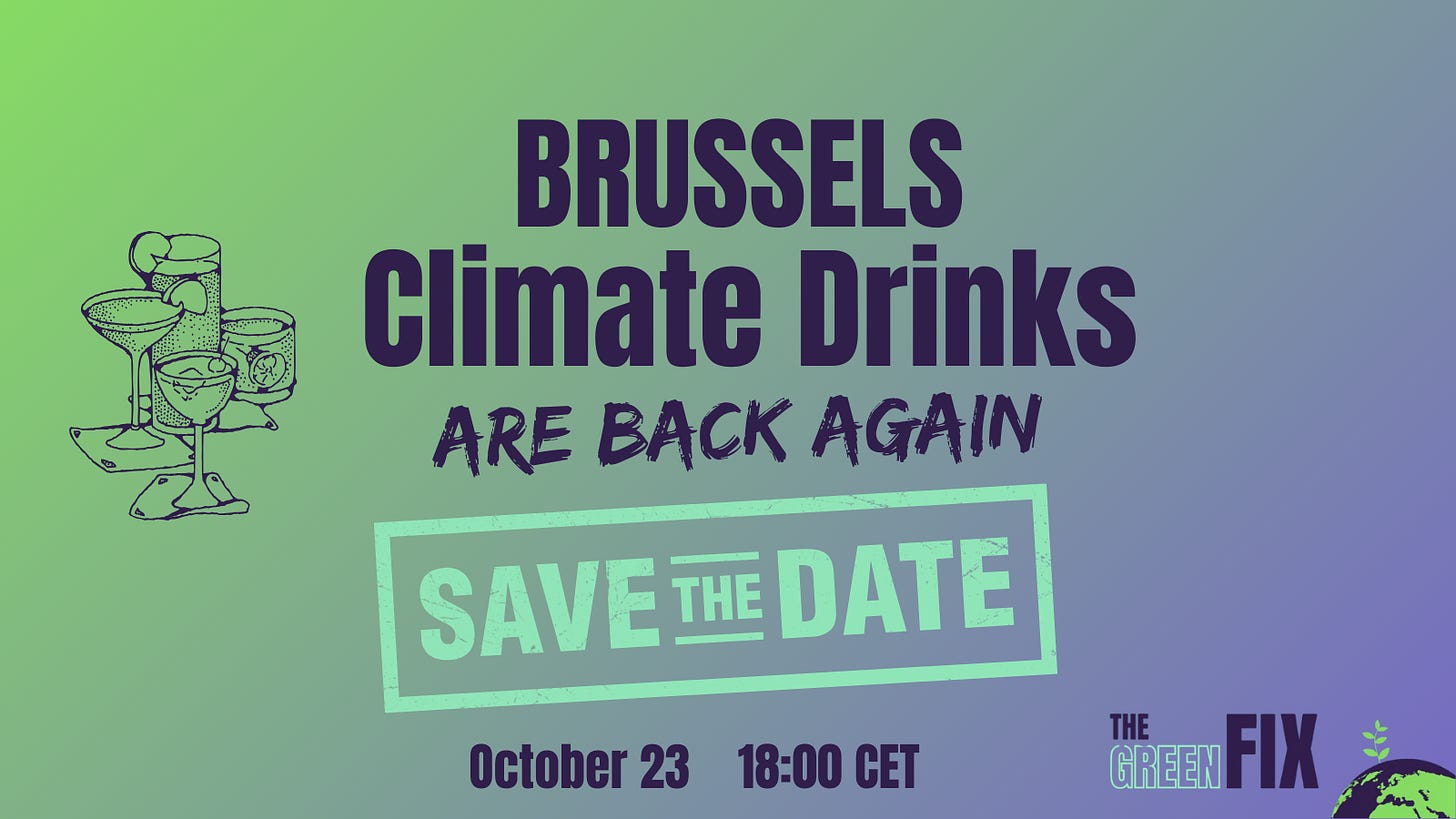 Graphic 'Brussels Climate Drinks (are back again). Save the date: October 23 at 18:00 CET'