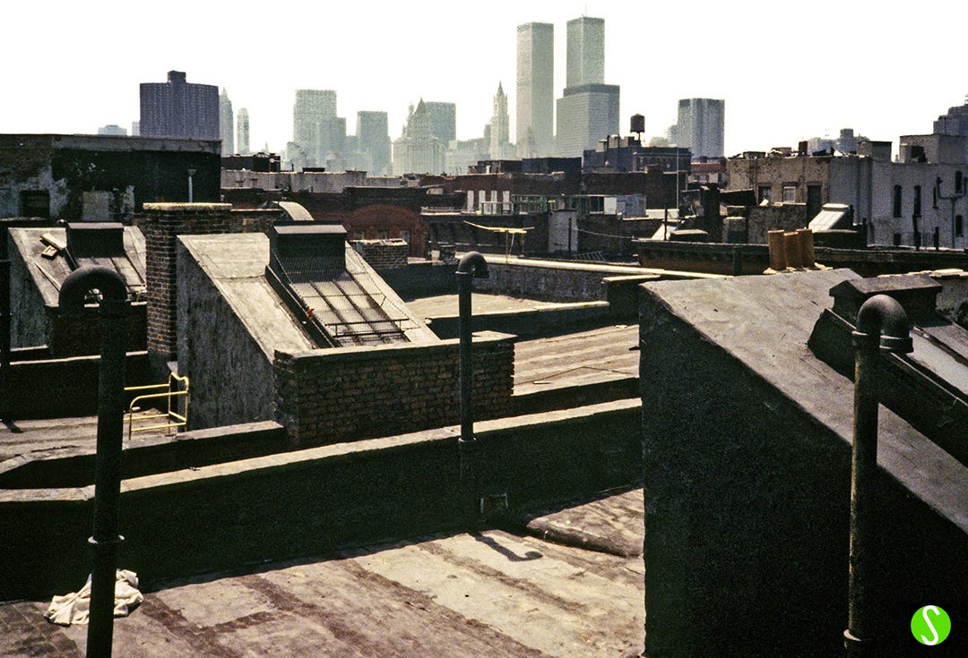 Rooftop view from the Lower East Side towards the WTC, twin towers. 1984