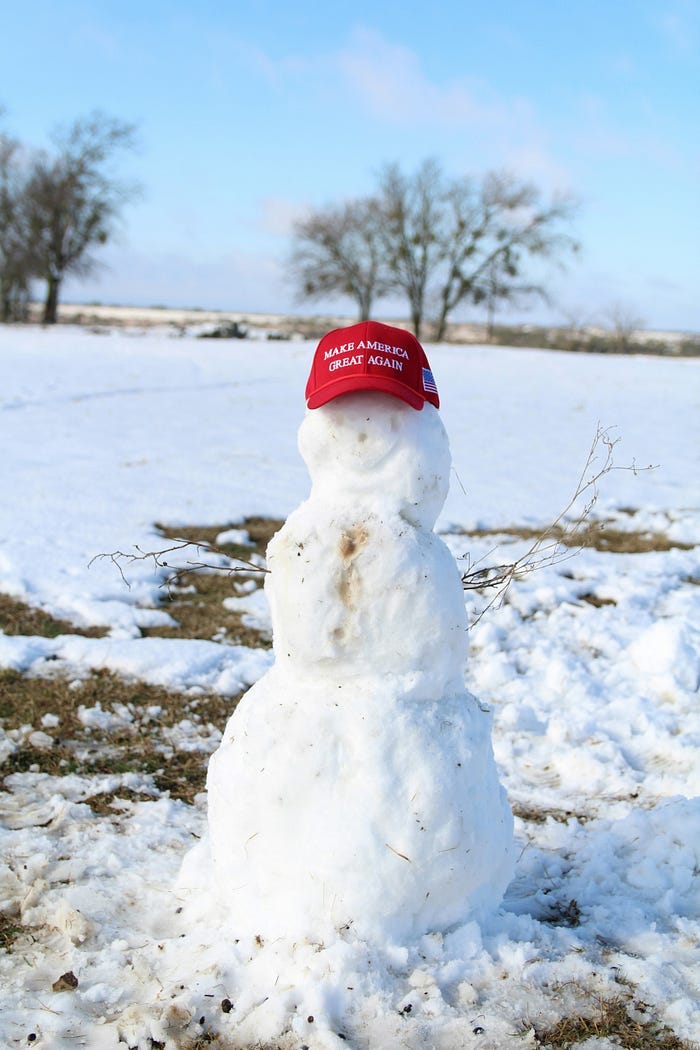 A snow man wearing a Make America Great Again hat. Trump’s anti-immigration rhetoric is very popular among his supporters. A snow man wearing a Make America Great Again hat. Trump’s anti-immigration rhetoric is very popular among his supporters.