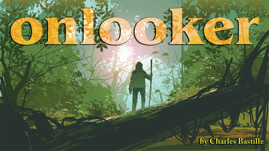 Onlooker cover graphic; lone figure standing in a tree, the word "onlooker" superimposed over it