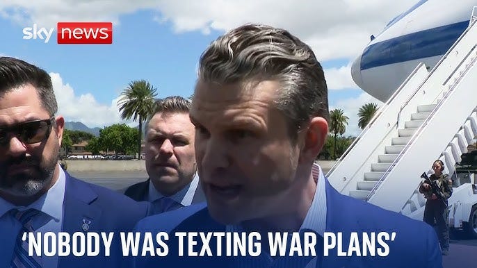 A Sky News clip of Pete Hegseth claiming "Nobody Was Texting War Plans."