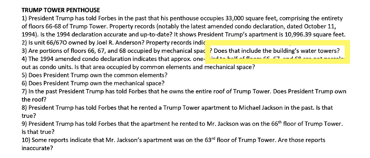 A series of questions under the header TRUMP TOWER PENTHOUSE. The fourth questions asks if portions of the 66, 67, and 68th floor are occupied by mechanical space and include water towers.
