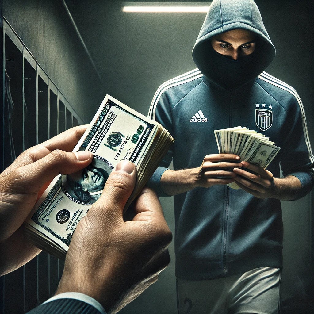 A dramatic cover art for an investigative piece on match-fixing, showing a close-up of a football player discreetly accepting a bundle of money. The player's face is partially obscured, focusing on the hands exchanging the cash. The background hints at a dimly lit locker room or stadium tunnel, creating a shadowy, secretive atmosphere. Use muted colors and sharp contrasts to emphasize the clandestine nature of the act. Text overlay placeholder at the bottom reads: 'Match-Fixing Operates Like a Religion.'