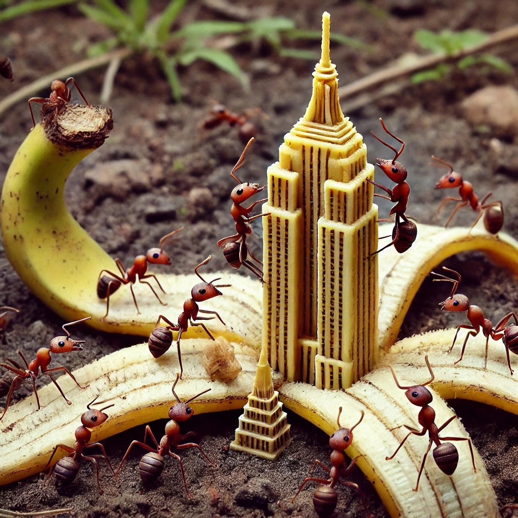 A group of ants constructing a miniature version of the Empire State Building using a banana peel. The ants are working together to shape the peel into the iconic structure, with some ants holding tiny tools and others carrying small pieces. The banana peel is intricately folded and sculpted to resemble the skyscraper, complete with small details like windows and the spire. The scene takes place on a natural surface like dirt or grass, adding a whimsical, creative feel as the ants diligently work on their project.