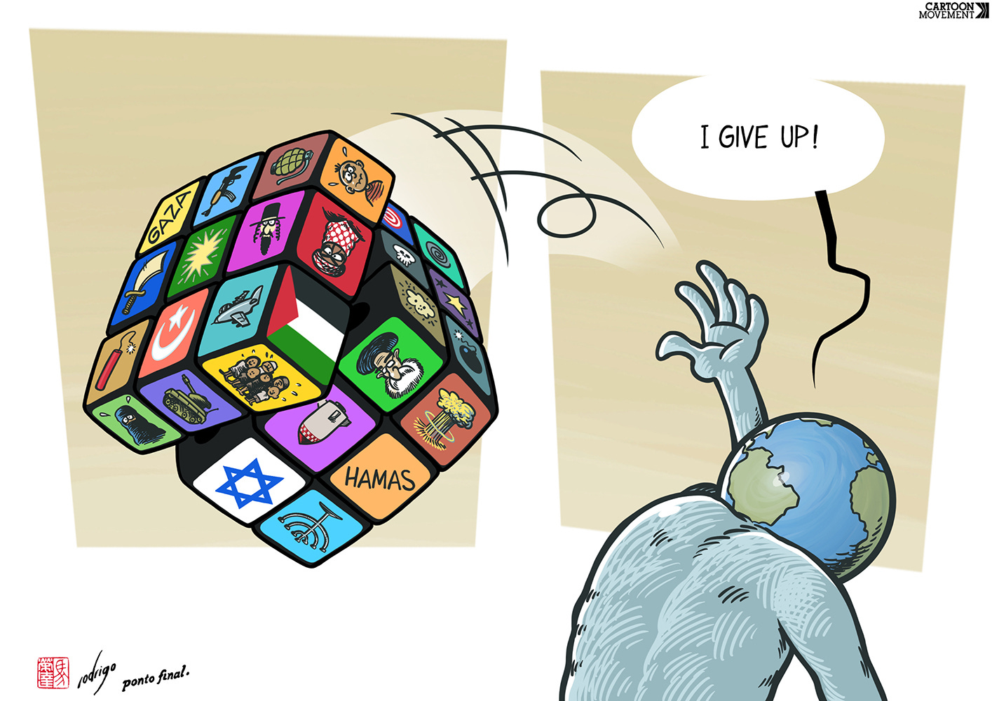 Cartoon showing a desperate person with the earth as its head, throwing a Rubik's cube over his shoulder and saying "I give up!" Instead of just colours, the facets of the Rubik's cube show the many different elements of the conflict between Palestine and Israel.