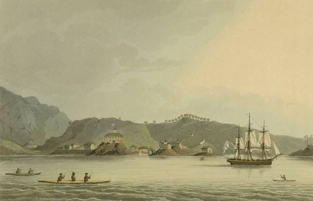 Harbour of St Paul on the Island of Cadiack  Russian sloop-of-war Neva  published by John Booth  Duk...
