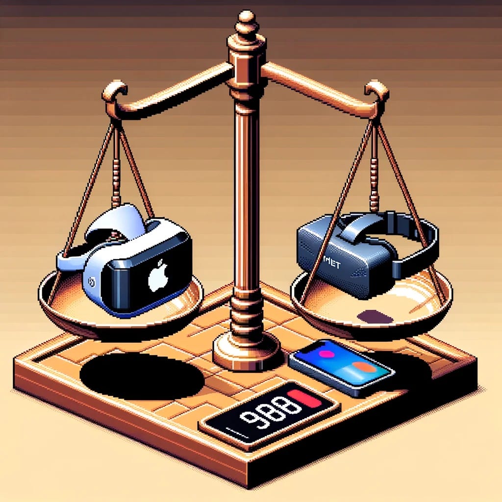 Create an isometric 3D tile in an 8-bit style, showcasing an Apple Vision Pro on one side of a traditional balance scale and a Meta Quest 3 on the other side. The setting is a simple, abstract background to not detract from the main subjects. Each device should be recognizable and distinct, with the Apple Vision Pro depicted with sleek, futuristic design elements, and the Meta Quest 3 with its signature look and branding. The scale should appear balanced, symbolizing a comparison or competition between the two VR headsets. The artwork should invoke a sense of nostalgia for classic video games while also conveying a modern tech showdown.