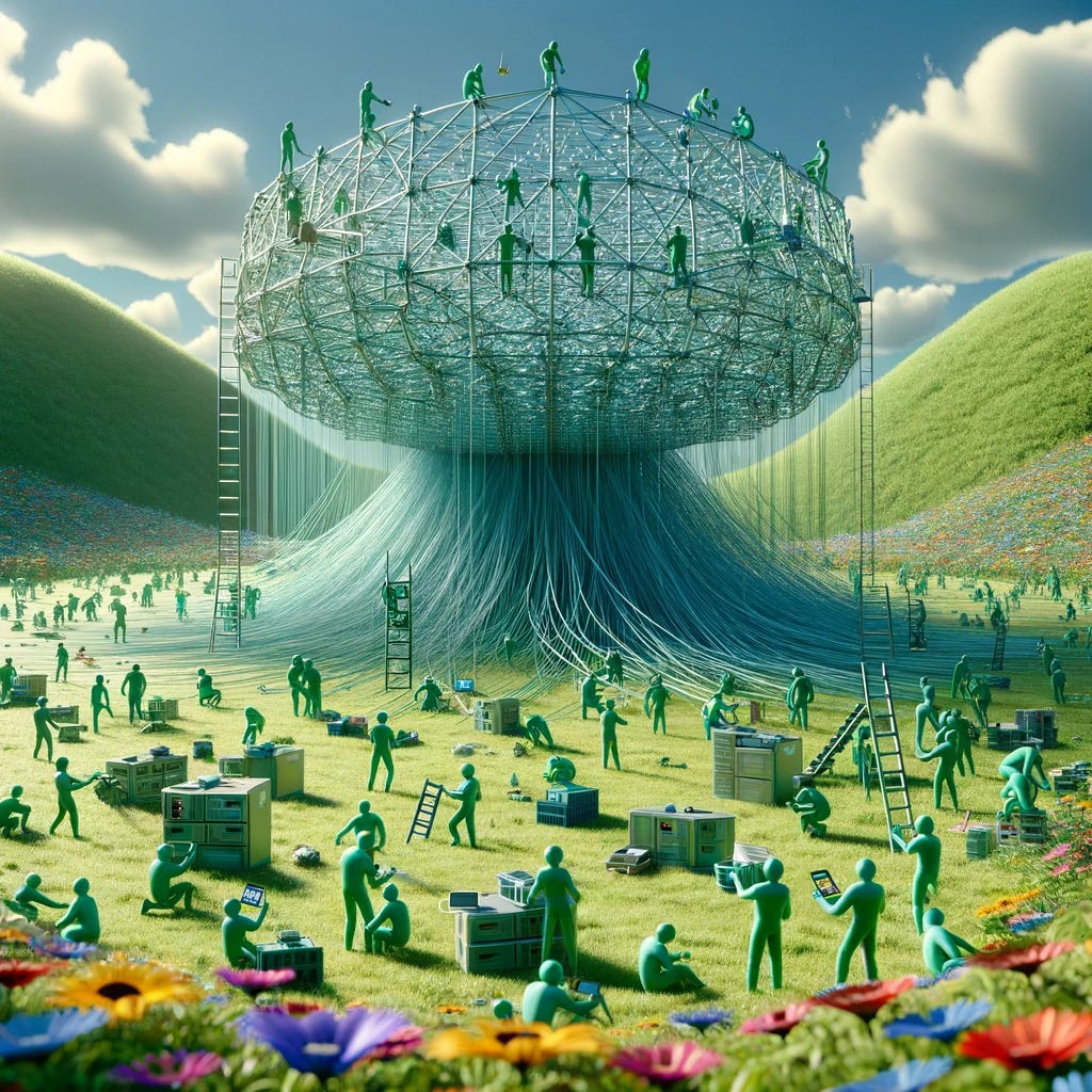 AI generated image of lots of green people in a grassy field collaboratively building an internet structure